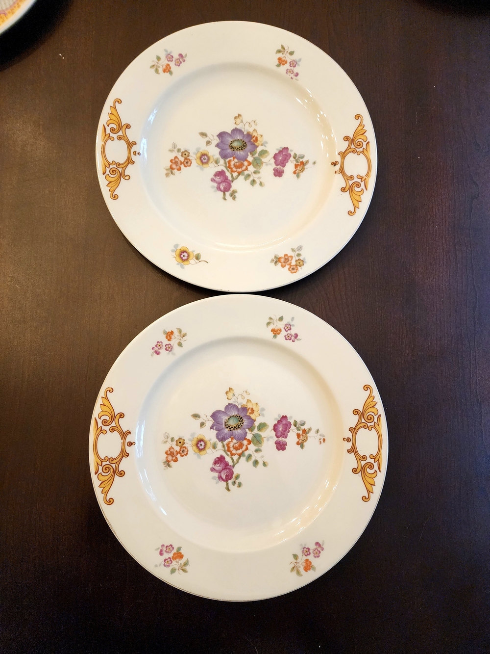 2 VTG EPIAG Czechoslovakia Porcelain Floral Gold Scroll Pattern Dinner Plates
